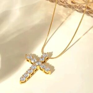 Diamond Cross 18K Gold Stainless Steel Waterproof Necklace